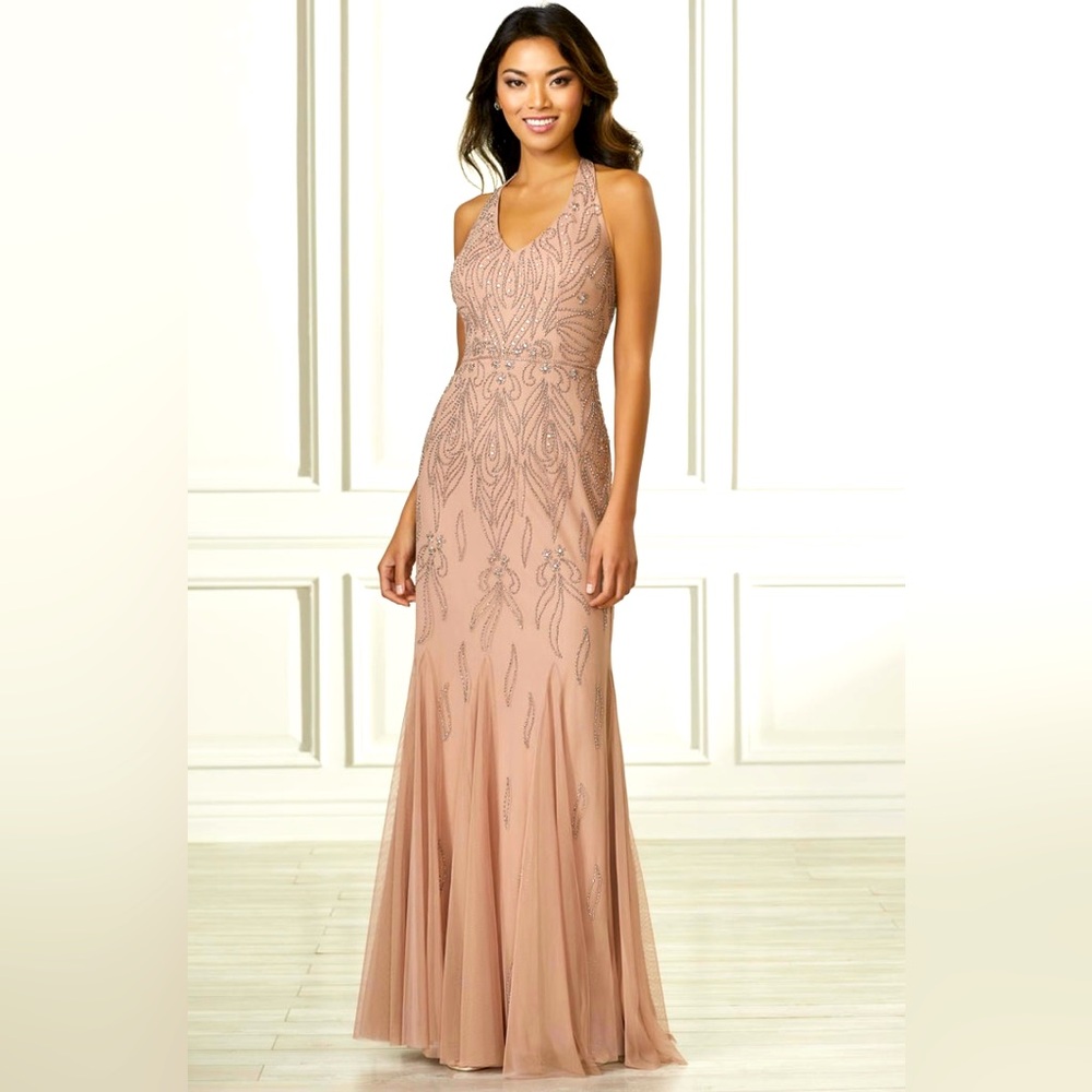 Adrianna Papell
Slim, beaded halter neckline racer back, Rose-Gold-Taupe